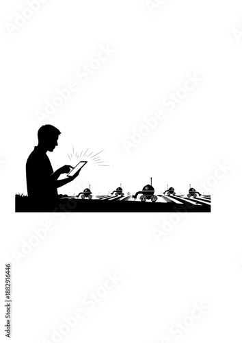 Smart Agriculture Shepherd Silhouette, Person Managing Robotic Weeders with Tablet, Autonomous Farming and Sustainable Land Care Vector