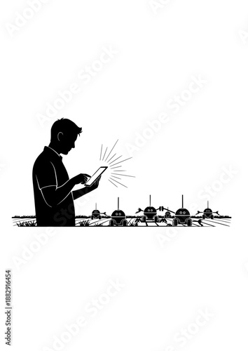 Smart Agriculture Shepherd Silhouette, Person Managing Robotic Weeders with Tablet, Autonomous Farming and Sustainable Land Care Vector