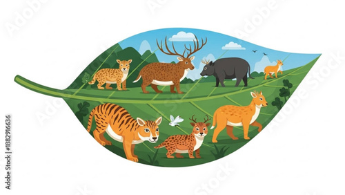 Endangered animals on a leaf wildlife conservation concept with various species in a natural habitat