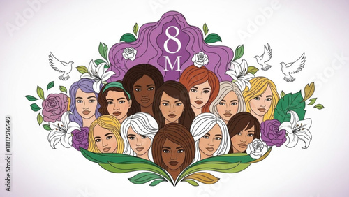 Diverse group of women's faces with flowers and leaves on purple background for international women's day