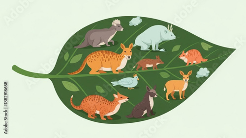 Animals on a green leaf wildlife conservation concept with various species eco friendly illustration