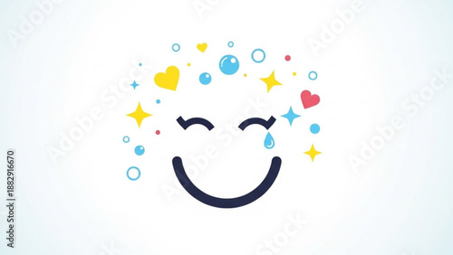 Smiling face with tears of joy and colorful stars hearts bubbles on white background expressing happiness and euphoria