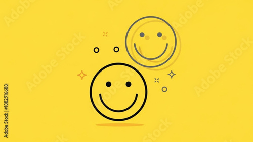 Two smiling faces with sparkles on yellow background emotions of happiness and joy
