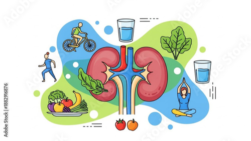 Kidney health concept with human organ fruits vegetables water glasses and fitness activities for wellness and hydration