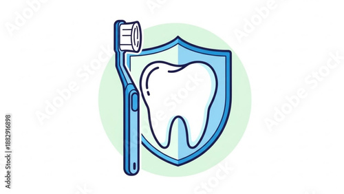 Tooth shield protection with blue toothbrush and white molar icon for dental health and hygiene