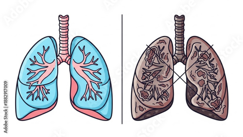 Healthy versus smoker's lungs human anatomy illustration