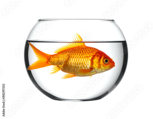 A lone, bright orange goldfish swims in a clear, spherical glass bowl of water