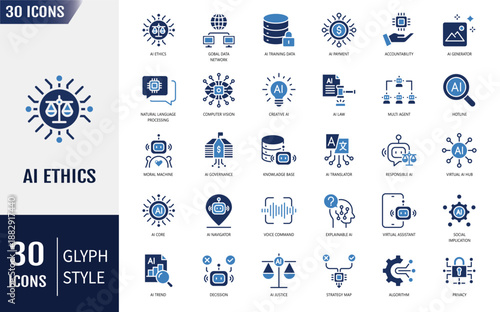 AI ethics icon set. Data privacy, guidelines, artificial intelligence, ethical dilemma, bias detection and more. Vector illustration