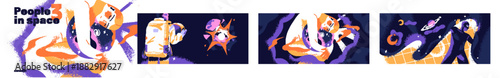 Concept set of people in cosmos. Astronaut in outer space. Abstract characters flying in galaxy. Discovery of universe and solar system. Creation of galactic existence. Flat vector illustrations.