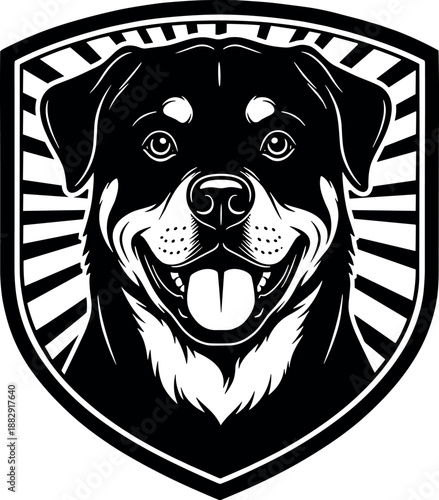 Rottweiler Head on Shield Vector Silhouette, Black and White Cricut Design