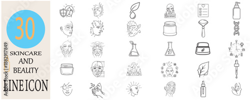 Skincare and beauty line icon set with thirty diverse cosmetic designs