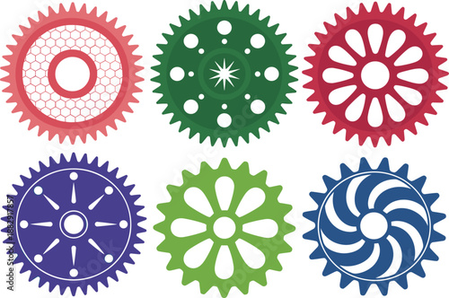 Colorful decorative gear wheels set, mechanical cogwheel icons for industrial design, engineering and technical vector illustration