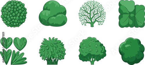 Green tree and bush icon set, flat garden plant symbols, nature landscape architecture elements vector illustration