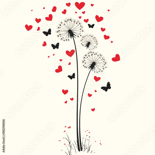 Dandelion flower with hearts love and butterfly concept isolated on cream background.Vector illustration , vector style simple color