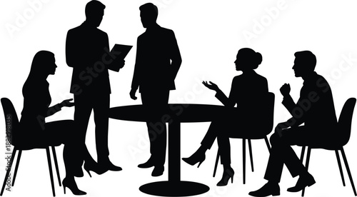 Business meeting silhouettes of coworkers discussing ideas around a table during teamwork collaboration in an office environment, presenting reports and sharing professional communication