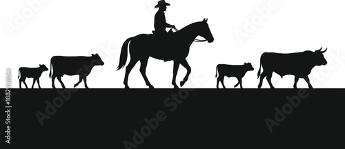 Silhouette of a cowboy riding a horse while herding cattle on a ranch trail, representing western agriculture, livestock management, and traditional cowboy culture in a minimal graphic style