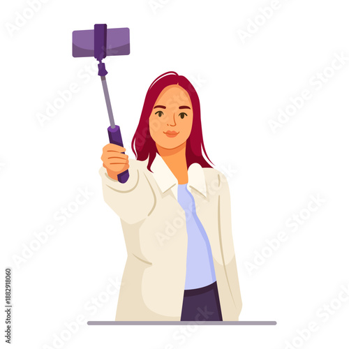 Young woman holding selfie stick with smartphone, flat cartoon style, isolated on white background. Concept of self-portrait and technology. Vector illustration