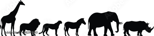 Silhouettes of African wildlife animals including giraffe, cheetah, zebra, elephant, rhinoceros, representing safari nature, wildlife conservation  minimalist black graphic style