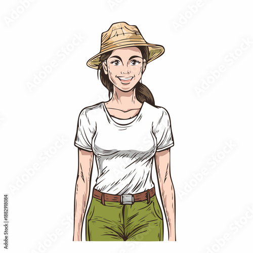 Smiling woman wearing a hat. Vector illustration of a female character. Woman in casual clothes. White background. Cartoon style drawing.