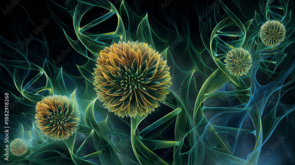 Obraz premium Gene Therapy for Cancer Treatment Concept Cancer therapy with T cells and DNA. Abstract image of human genetics, where glowing DNA mutation threads merge with digital elements