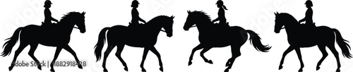 Silhouettes of horse riders in motion, demonstrating equestrian sport, horseback riding technique, and controlled movement in a minimal black and white graphic style for equestrian illustration use
