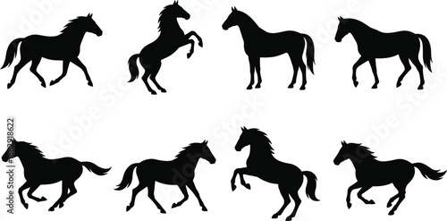 Silhouettes of horses in different dynamic poses, including running, trotting, rearing, and standing, representing equestrian motion, animal anatomy, and wild horse behavior in a minimal graphic style