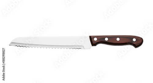 A serrated kitchen knife with wooden handle.