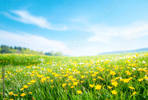 黄色の花が咲き乱れる野原とすがすがしい空