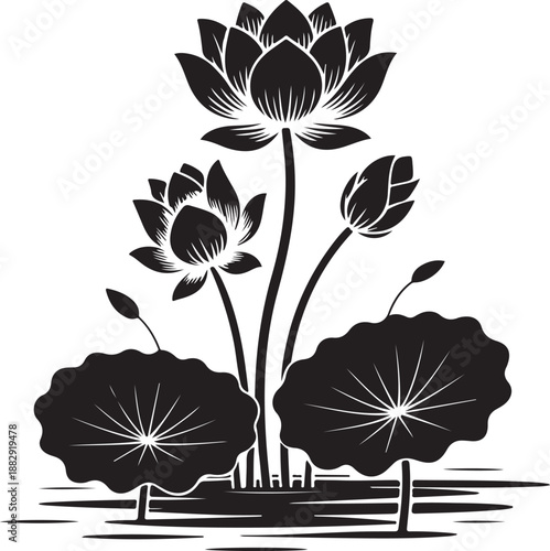 Elegant Black and White Lotus Flower Silhouette with Lily Pads on Water