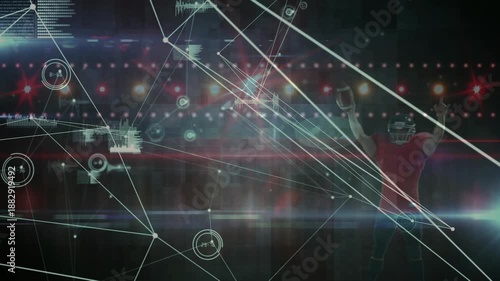 Composite video of networking icons with american football player celebrating victory in background