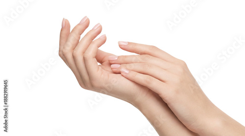 Photography Elegant female hands touching forearm gently, symbolizing skincare and beauty, isolated on transparent background