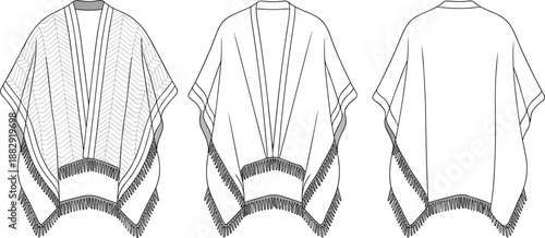 Poncho style garment, fringe trim, chevron pattern, V-neckline, fashion flat sketch - cad drawing flat vector