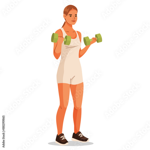 Foto Young woman exercising with green dumbbells, flat graphic style, isolated white background