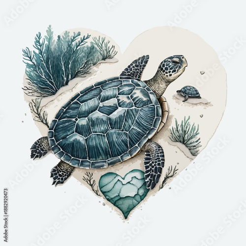  sea turtle illustration with coral and heart shape, ocean theme
