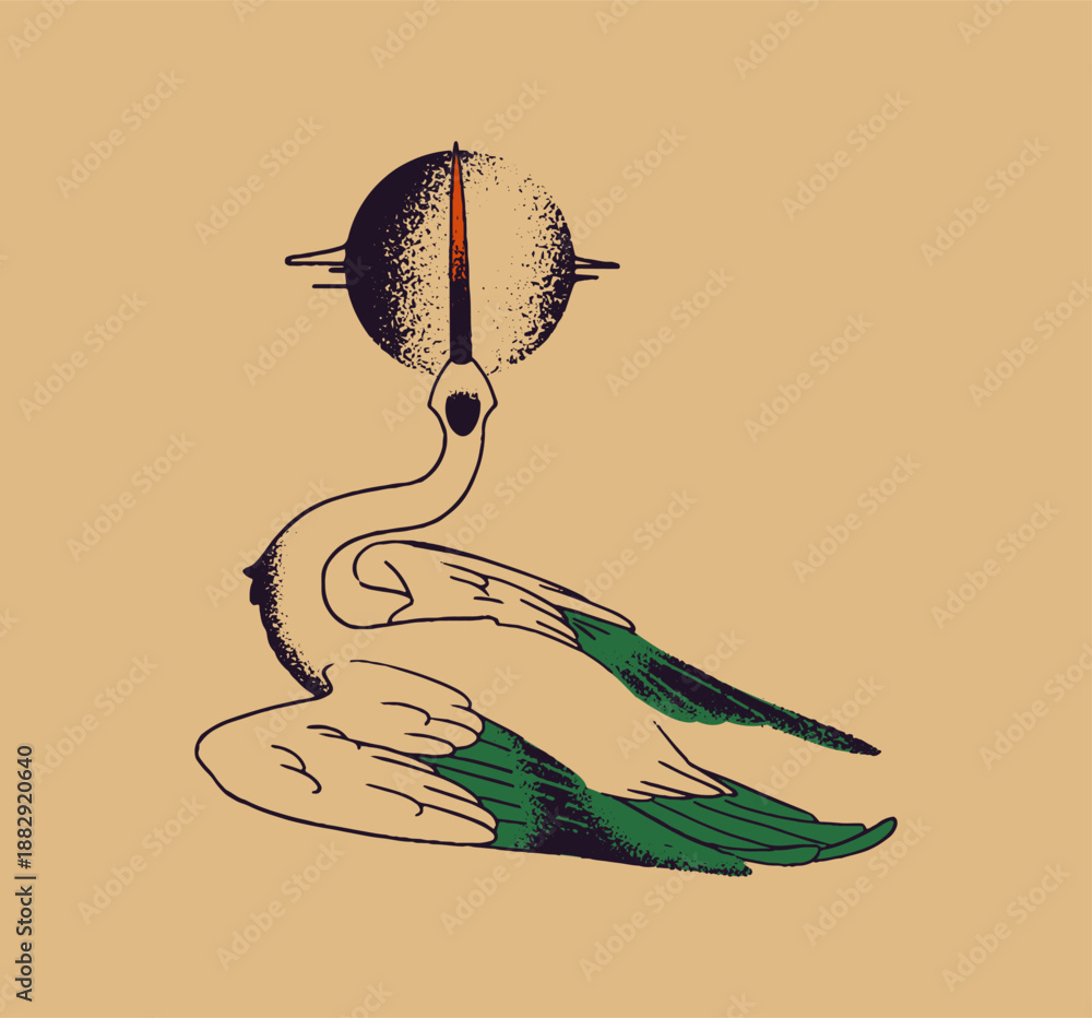 Obraz premium Mystic design of tattoo with crane bird and moon. Sketch of retro tatto with luna and heron. Mysterious tatoo in gothic style with feathered animal. Hand drawn outline isolated vector illustration
