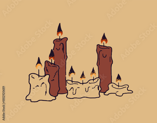 Sketch of burning candles. Magic candlelights with fire for divination, witchcraft and fortune telling. Mystic things for sorcery in retro style. Hand drawn outline isolated vector illustration