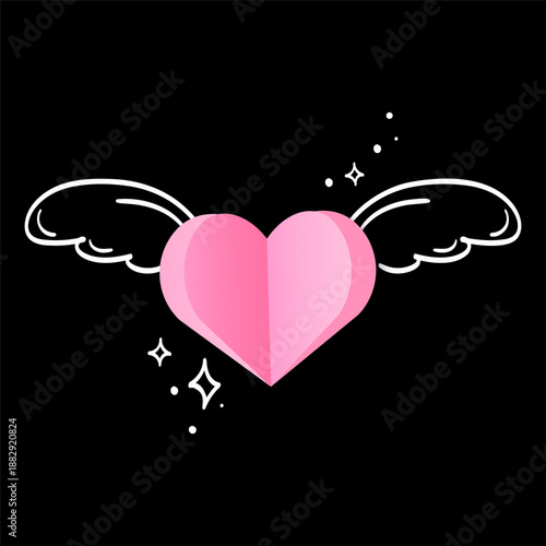 Pink heart with white wings and sparkles on black background, ideal for Valentines Day designs, romantic greeting cards, love themed social media posts, stickers, and digital art projects.Vector