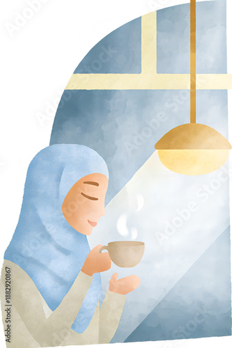 Young Muslim woman sipping tea in cozy setting by window for Hijab Day  