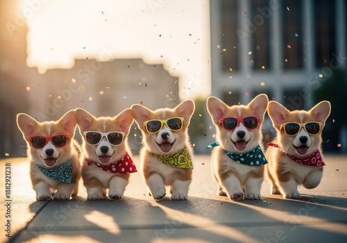Stylish Corgi Puppies in Sunglasses and Bandanas Walking at Sunset