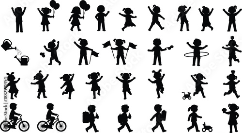 Collection of happy children silhouettes in various activities, playful kids actions set, childhood concept, black vector illustration isolated