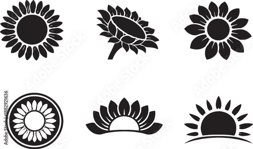 Sunflower Icon Set Black and White