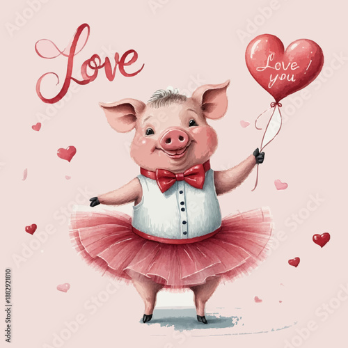 pig in tutu holding heart-shaped balloon, love theme illustration