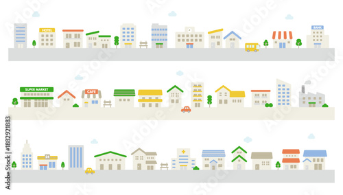 家と建物が並ぶかわいい街並みのイラスト素材　ベクター