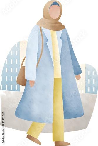 Young Muslim woman walking in urban environment wearing casual attire  