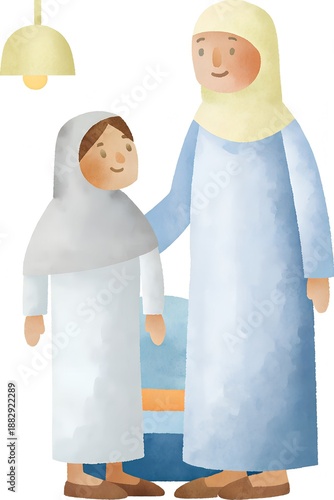 Muslim mother and daughter standing together in home setting  