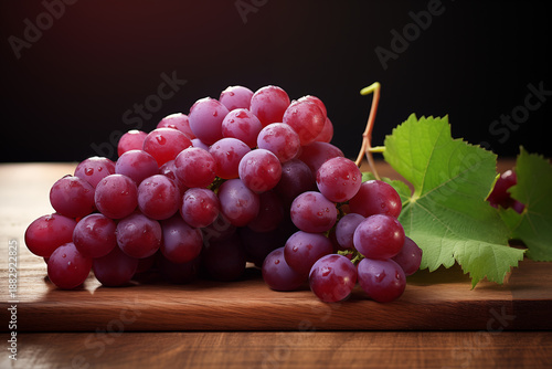 Cluster of Fresh Red Grapes with Stem on Rustic Wooden Table in Soft Daylight