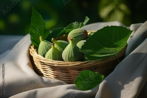 Fresh Figs in Small Woven Basket with Green Leaves on Light Fabric in Natural Light