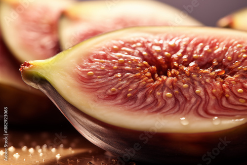 Macro Photo of Sliced Fig Showing Detailed Seeds with Juicy Texture