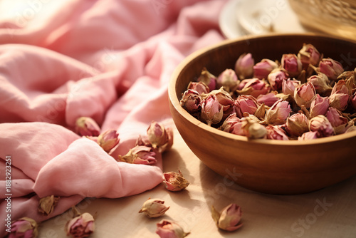 Small Bowl Filled with Dried Rosebuds and Petals in Elegant Herbal Still Life