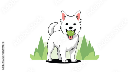 Fluffy white puppy stands proudly in front of evergreen trees with a bright green tennis ball held in its mouth.